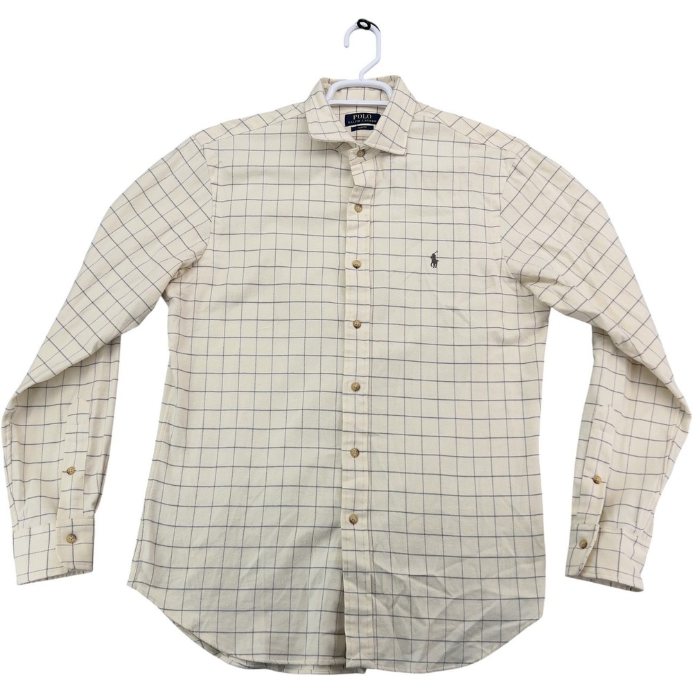 Polo Ralph Lauren Slim Fit Shirt Men's Large Beige Windowpane Cotton Button Up